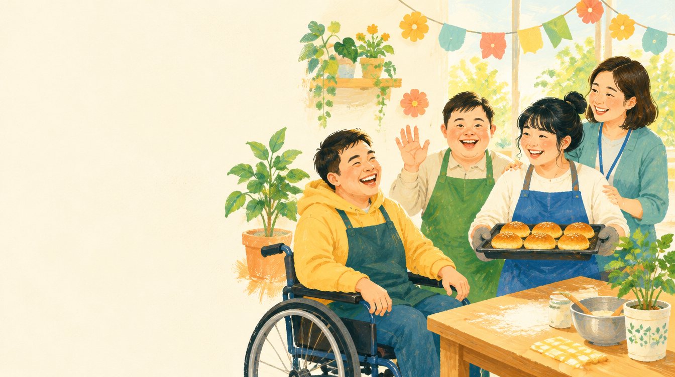 작업장에서 친구들과 선생님이 웃으며 빵을 들고 있는 그림